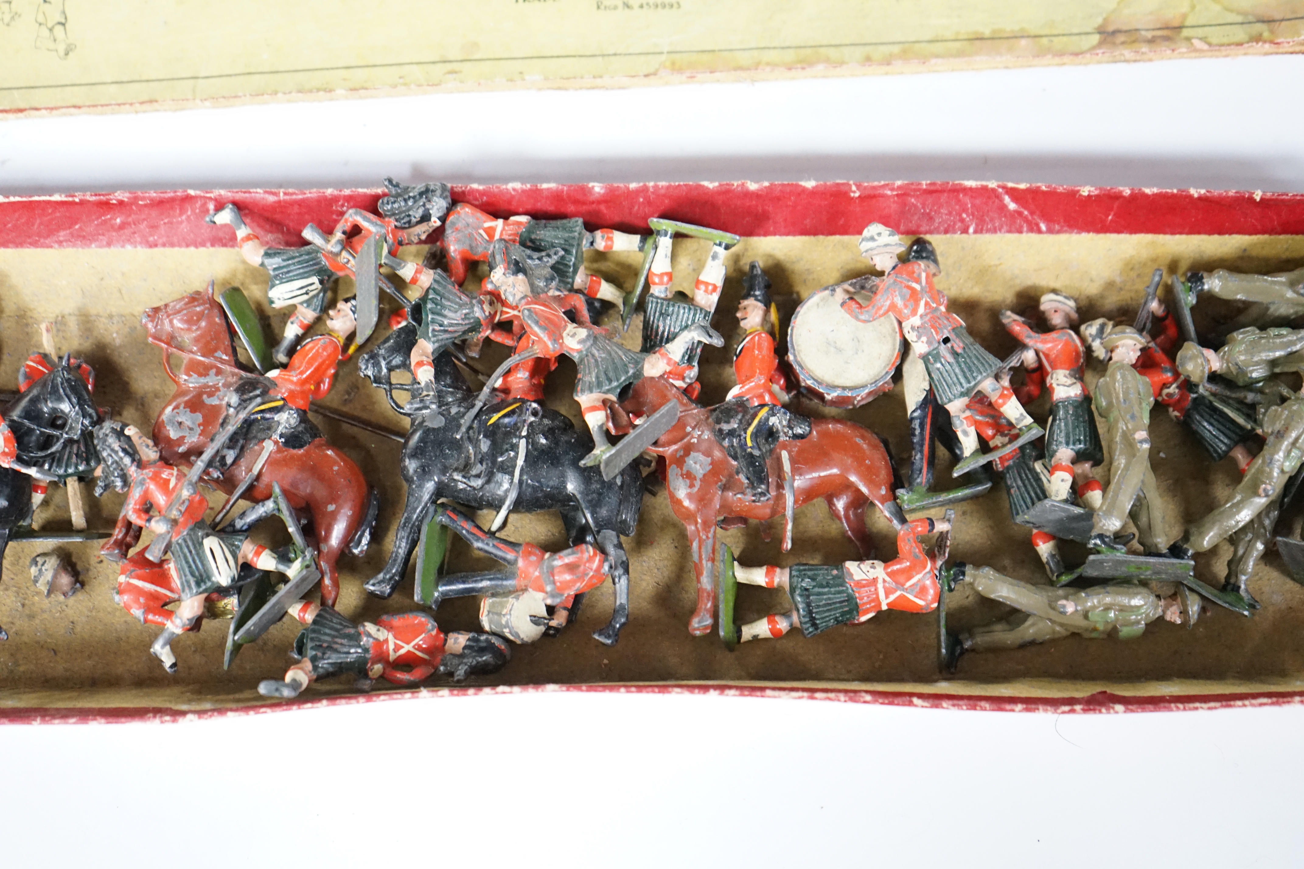 Britain's soldiers from set 1858, British Infantry in Battle Dress with original box, and Scottish Highlanders and mounted Lancers
